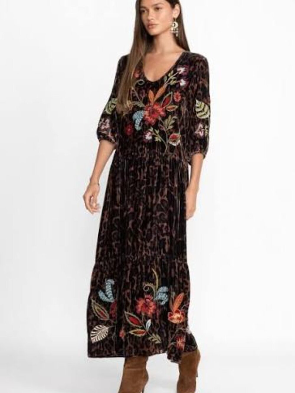 Johnny Was Isabella Velvet Tiered Dress Womens Small Midi Brown Embroidery Boho